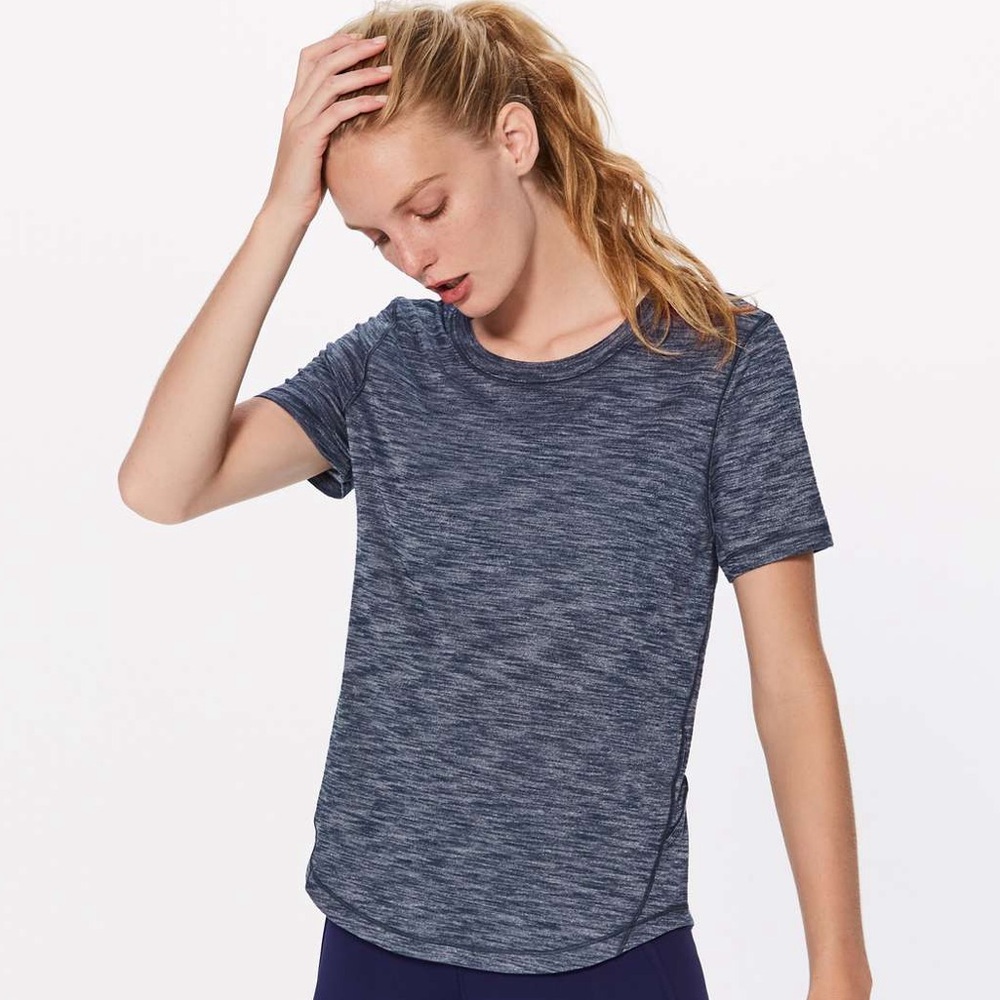 Lululemon Athletica Long Distance Short Sleeve Heathered Mach Blue T-Shirt EUC 8